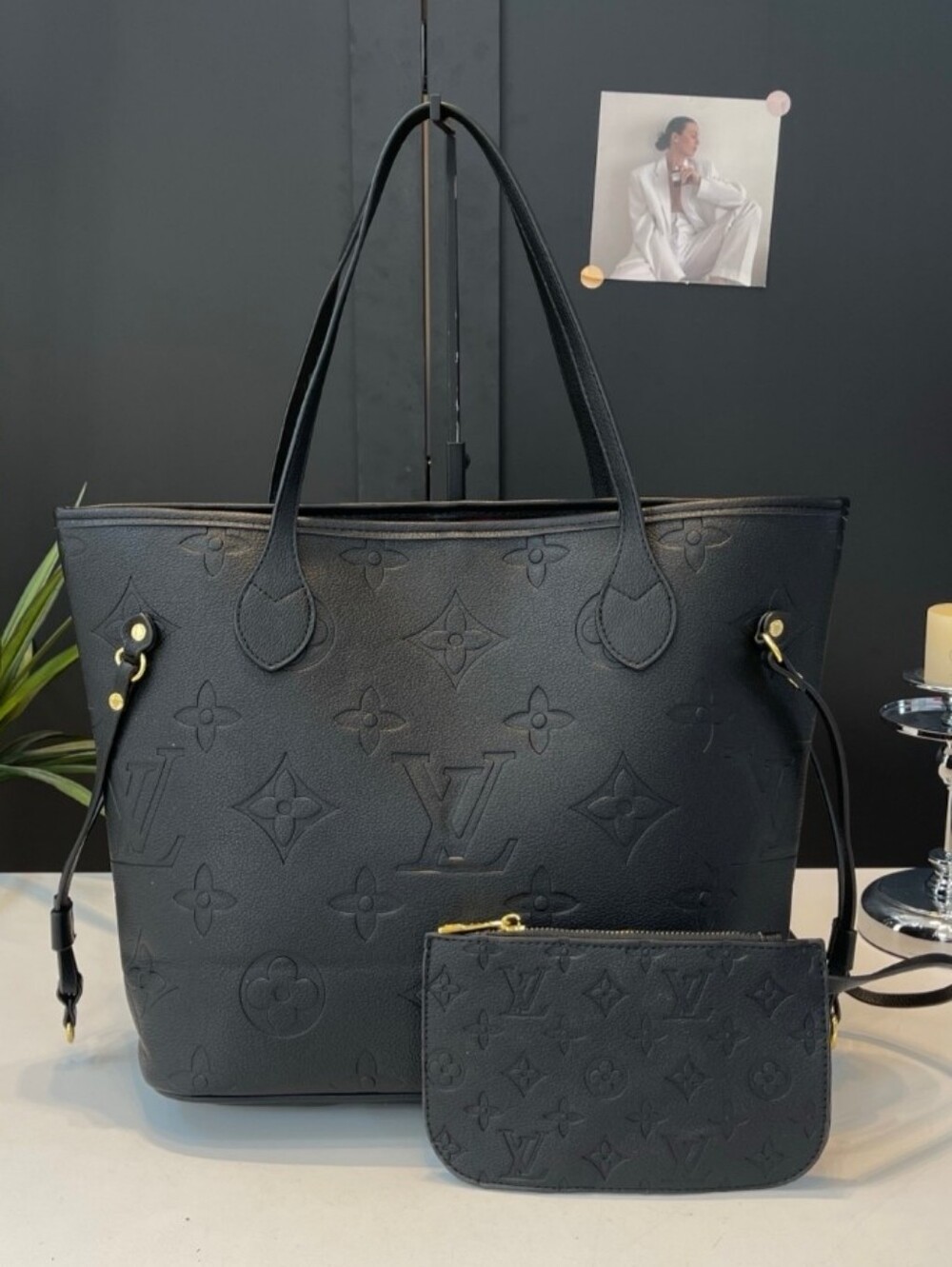 Black Embossed Leather Tote Bag with Pouch - Luxury Monogram Style